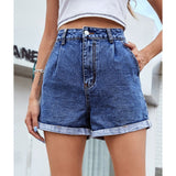 High Waist Rolled Hem Denim Shorts Dark Blue