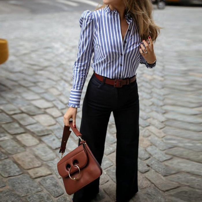 Striped Puffed Sleeve Blouse Top Blue