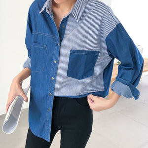 Patchwork Striped Denim Button Up Blouse Top Blue