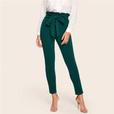 Paperbag Bow Belted High Waist Pants Green