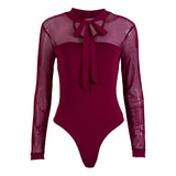 Bow Collar Long Sleeve Bodysuit Red