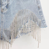 Tassel Rhinestone Fringed Denim Shorts Blue