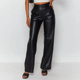 Faux Leather Straight Wide Leg Pants Black