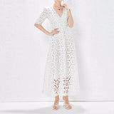 Half Sleeve Hollow Out Embroidery Maxi Dress White