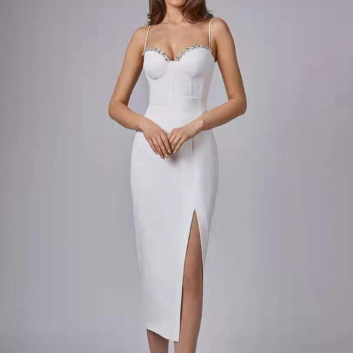 Rhinestone Detail Strap Midi Dress White