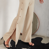 Buttoned Pleated Wide Leg Pants Beige