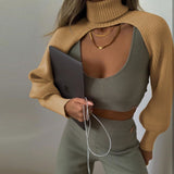 Knitted Crop Shrug Turtleneck Sweater Brown