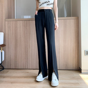 Front Slit Straight Leg Pants Black