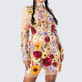 Floral Embroidery Backless Long Sleeve Mini Dress Pink