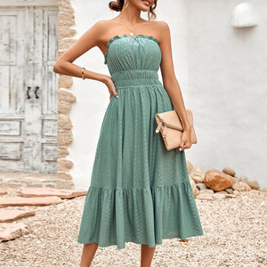 Frill Trim Strapless Midi Dress Green