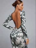 Backless Printed Bodycon Maxi Dress