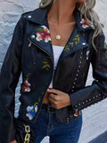 Floral Embroidery Leather Biker Jacket