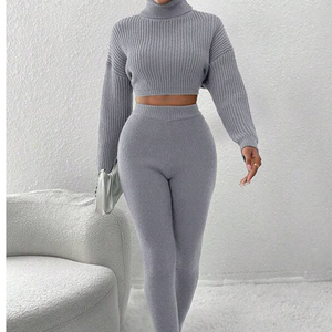 Knitted Cropped Turtleneck and Pants Set