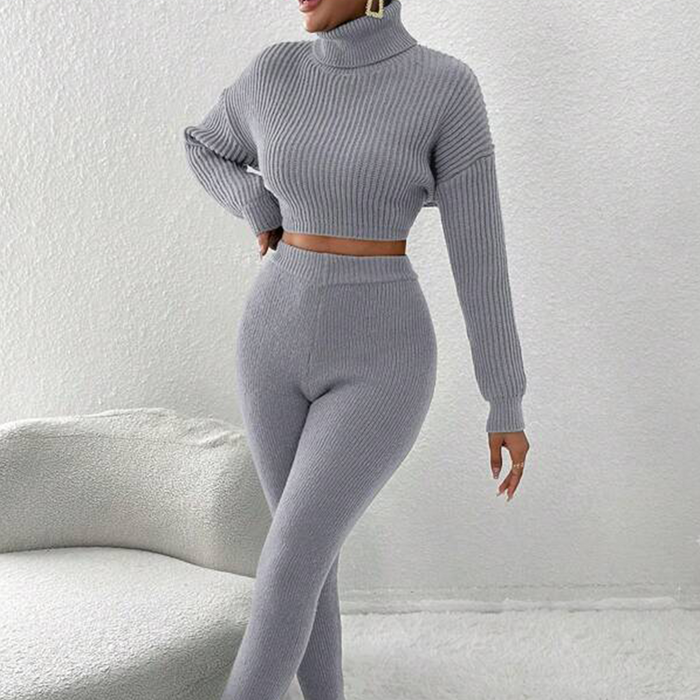 Knitted Cropped Turtleneck and Pants Set