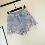 Tassel Rhinestone Fringed Denim Shorts Blue