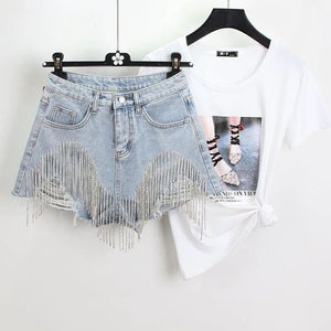 Tassel Rhinestone Fringed Denim Shorts Blue