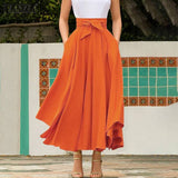 Solid Pleated Side Zipper Maxi Skirt Orange