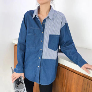 Patchwork Striped Denim Button Up Blouse Top Blue