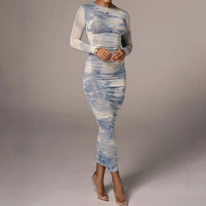 Long Sleeve Tie Dyed Bodycon Maxi Dress Blue