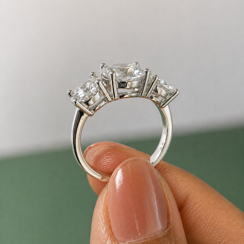 Three Stone Round Cut Moissanite Ring