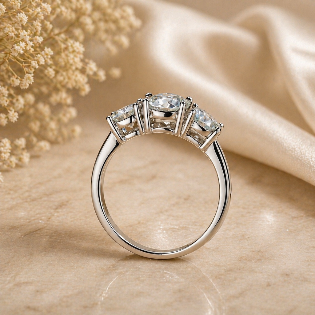 Three Stone Round Cut Moissanite Ring