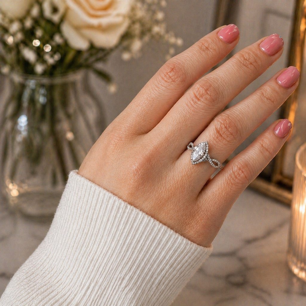 Twisted Marquise Cut Halo Moissanite Ring