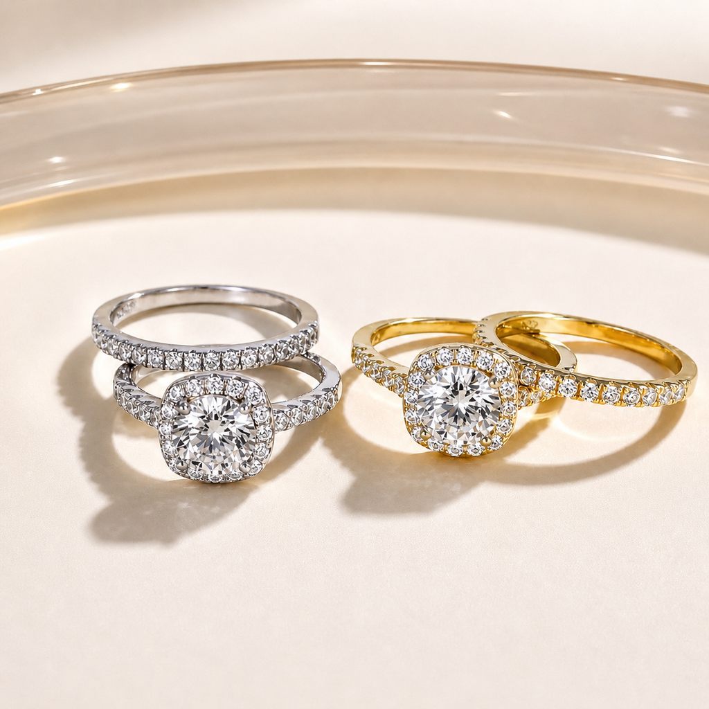 Round Cut Halo Moissanite Ring Set