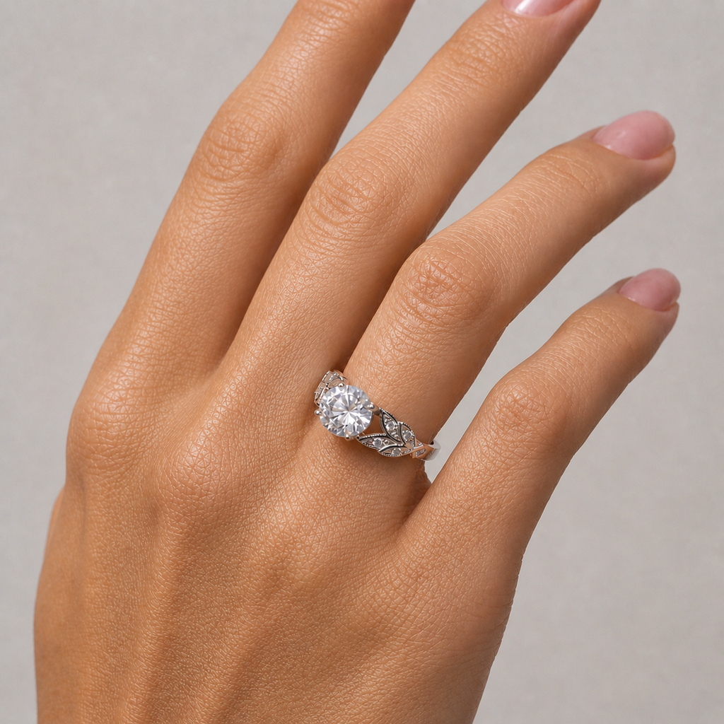 2 Carat Round Cut Leaf Moissanite Ring