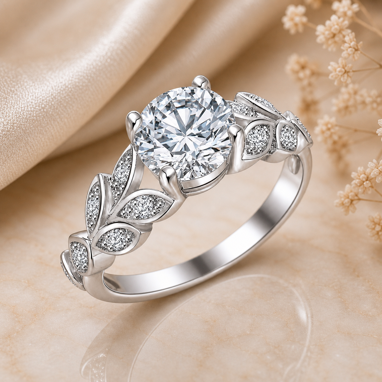 2 Carat Round Cut Leaf Moissanite Ring
