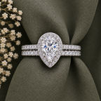 Pear Cut Halo Moissanite Ring Set