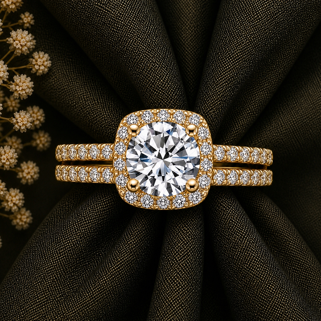 Round Cut Halo Moissanite Ring Set
