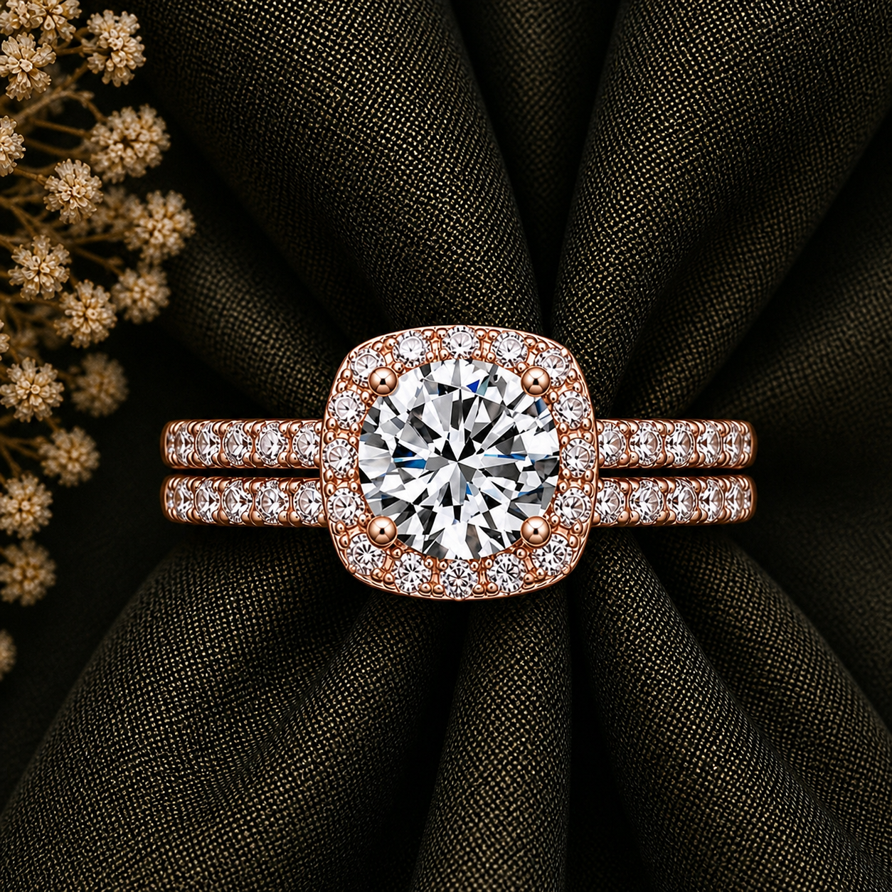 Round Cut Halo Moissanite Ring Set