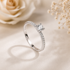Petite Round Cut Moissanite Ring with Pavé Band