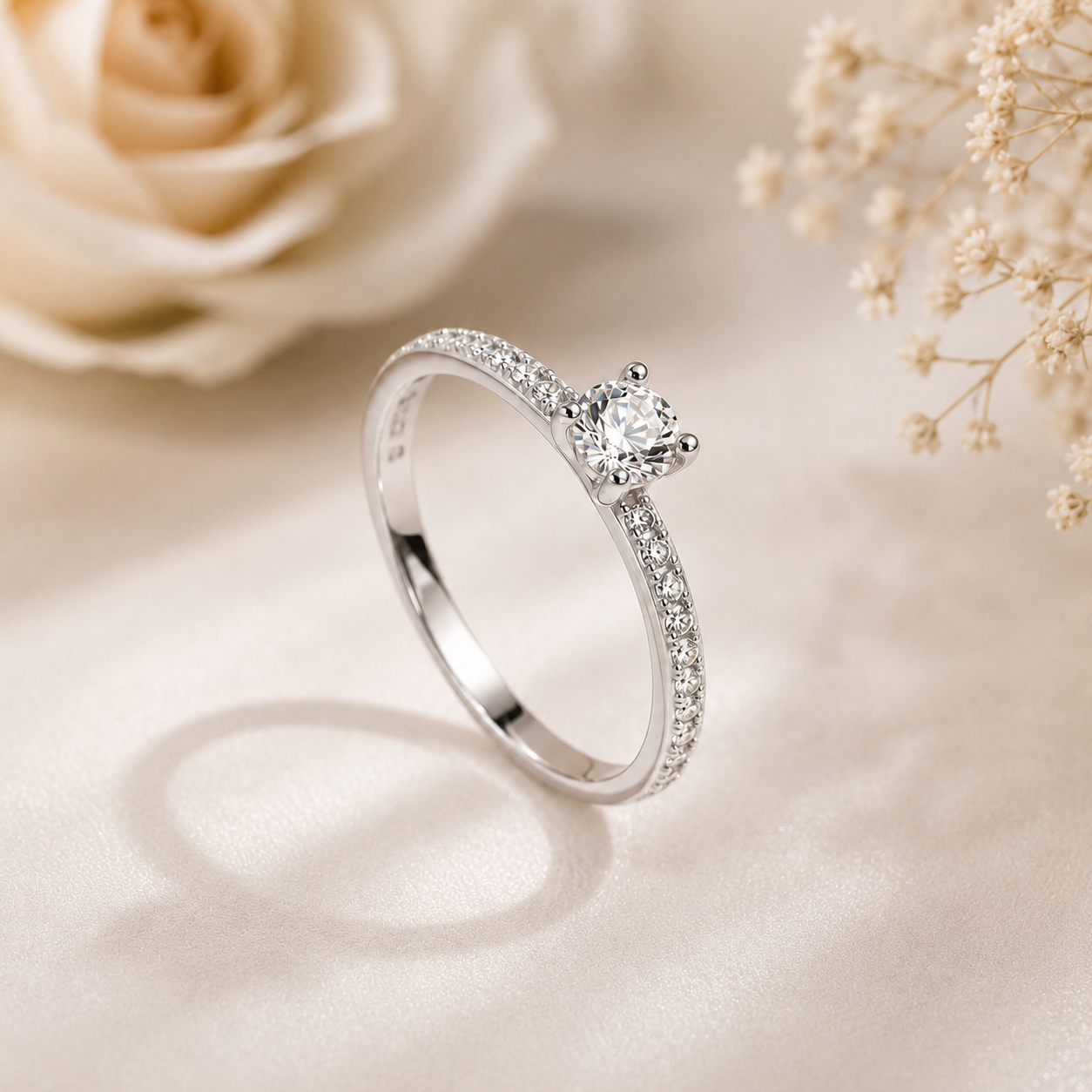 Petite Round Cut Moissanite Ring with Pavé Band
