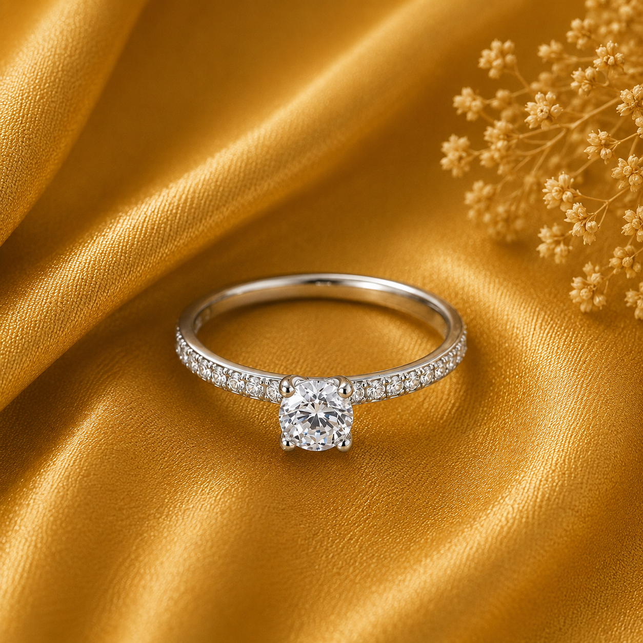 Petite Round Cut Moissanite Ring with Pavé Band