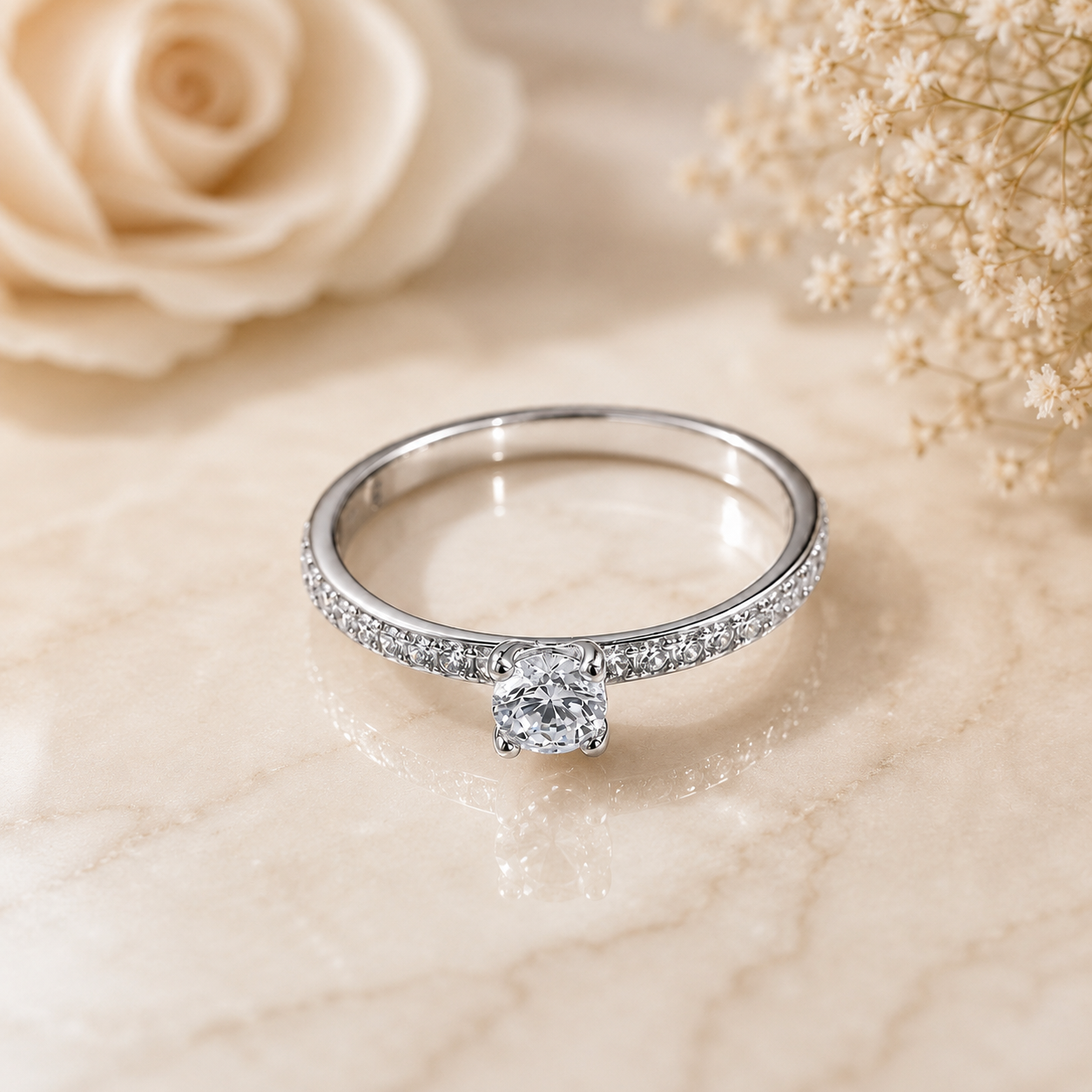 Petite Round Cut Moissanite Ring with Pavé Band