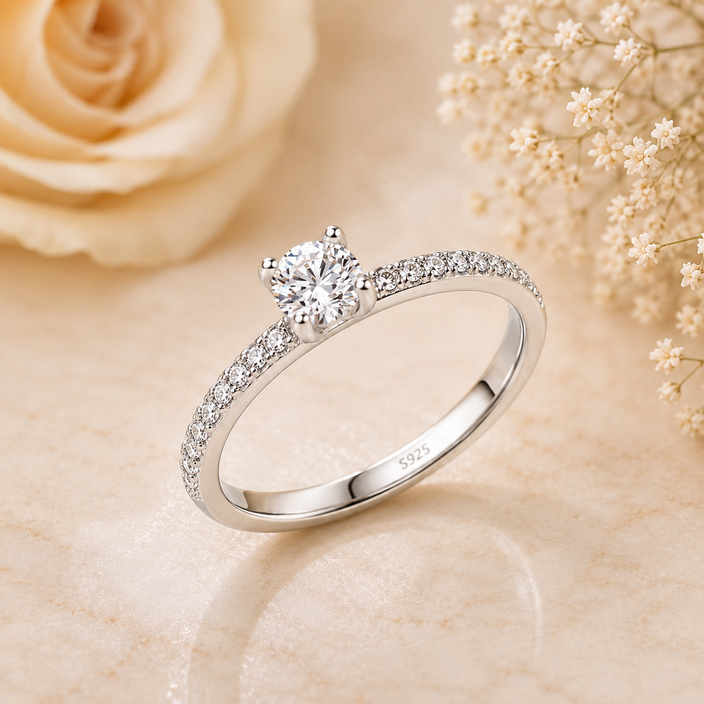 Petite Round Cut Moissanite Ring with Pavé Band