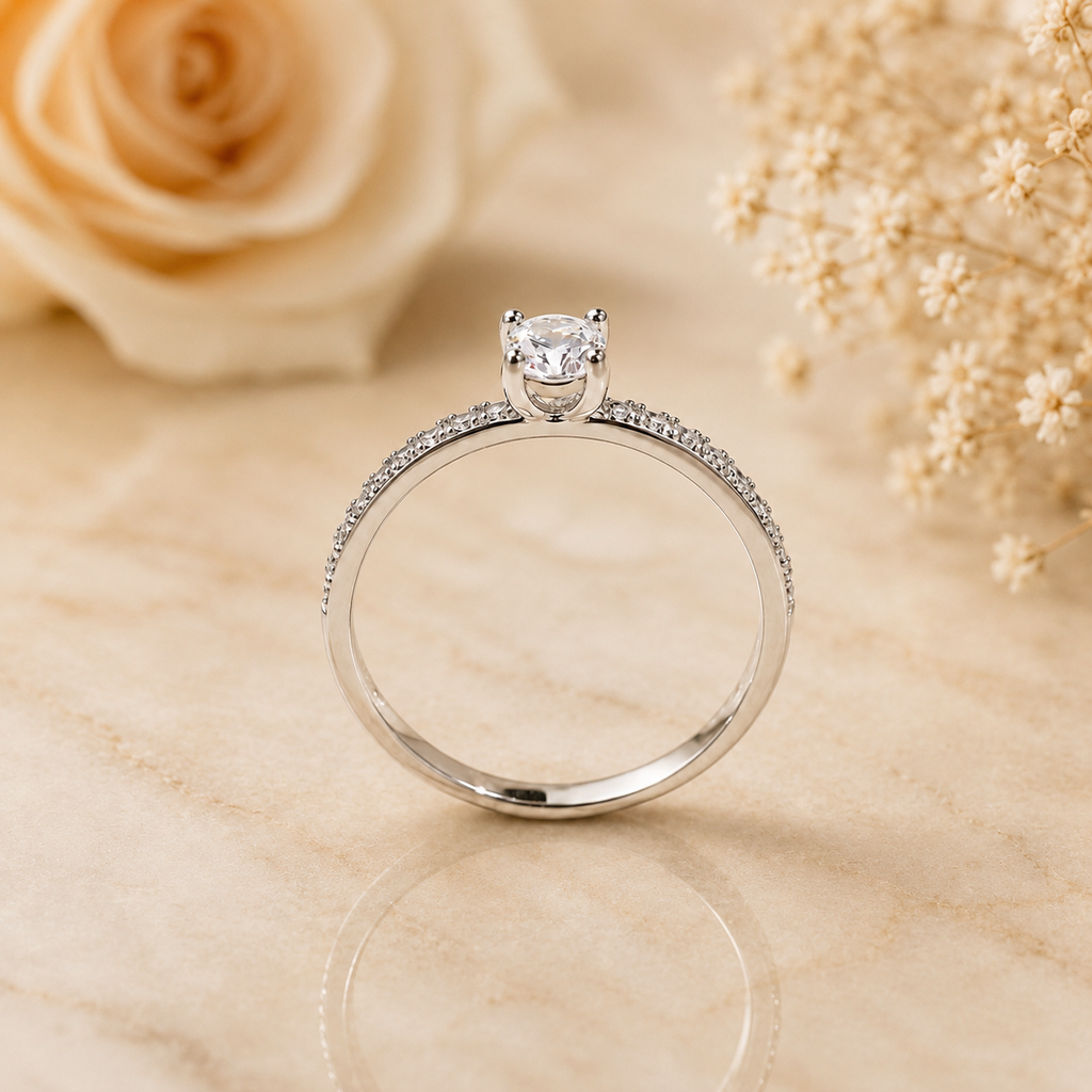 Petite Round Cut Moissanite Ring with Pavé Band