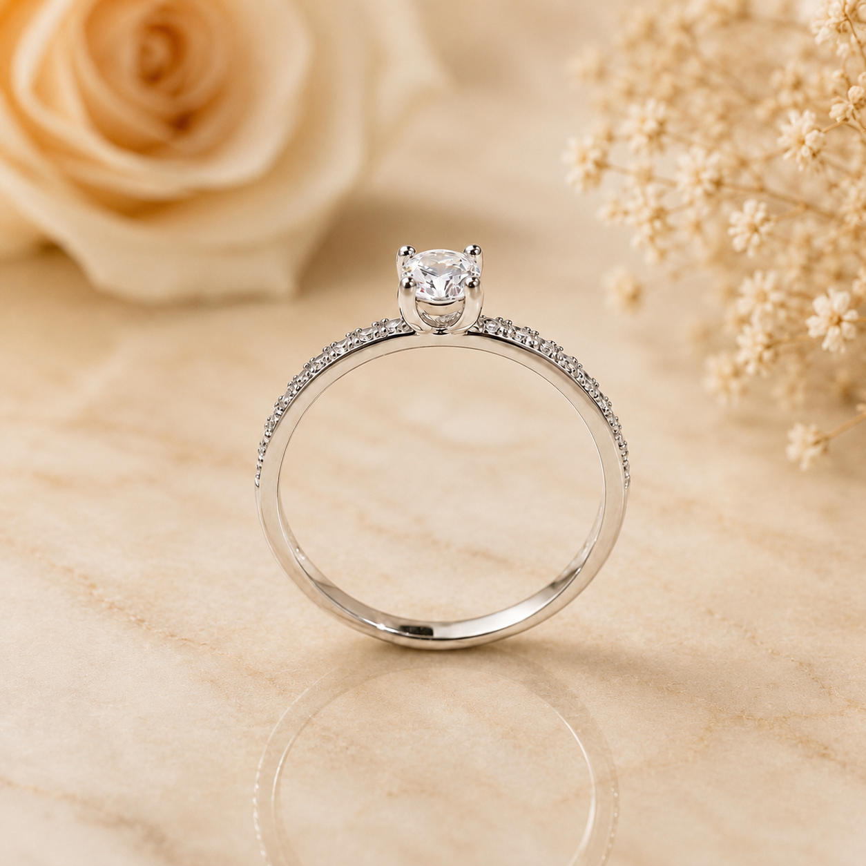 Petite Round Cut Moissanite Ring with Pavé Band