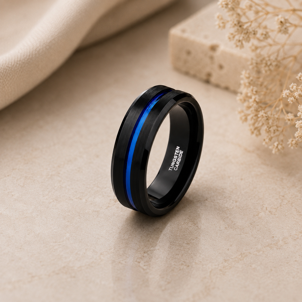 Black and Blue Tungsten Wedding Ring
