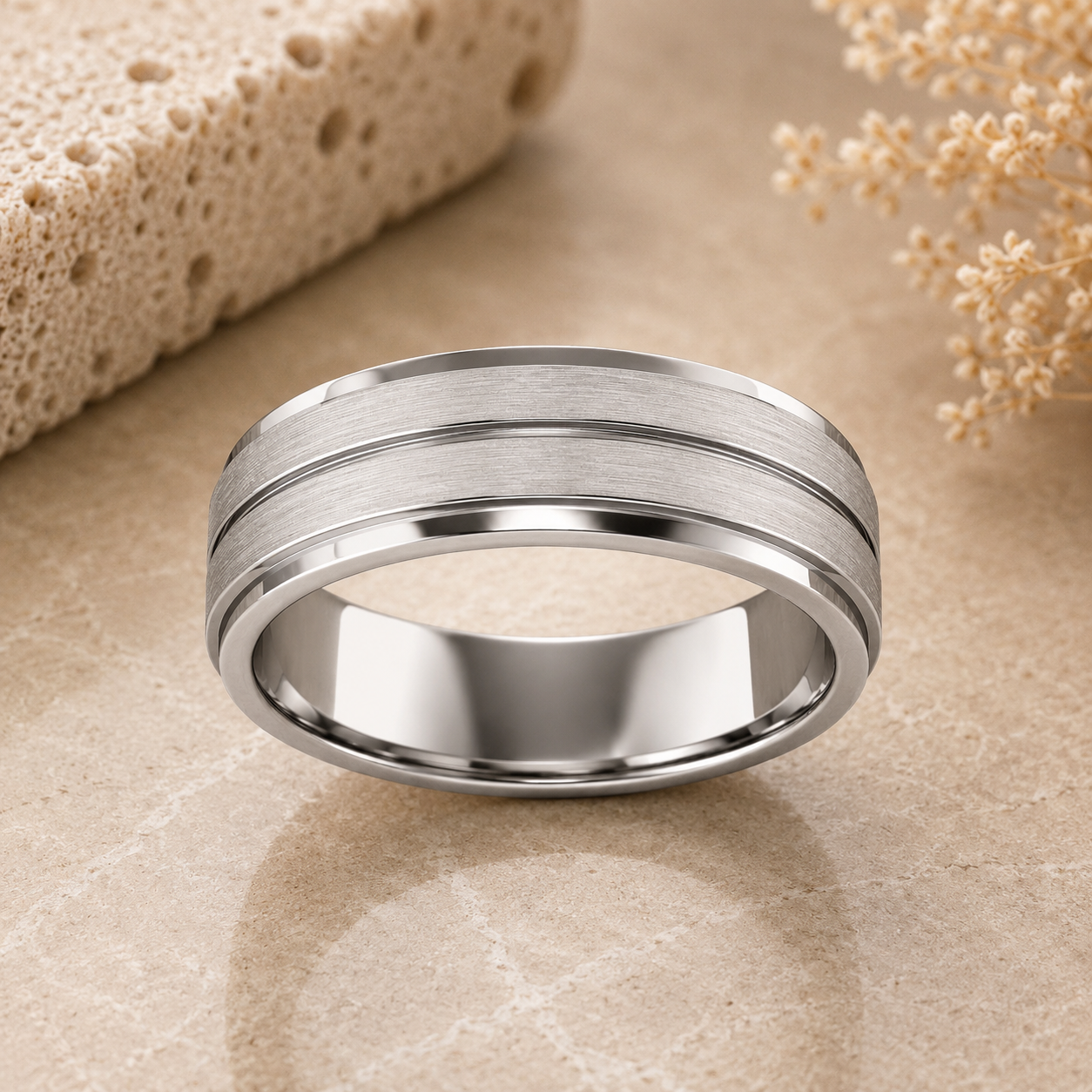Men’s Brushed Raised-Center Grooved Wedding Ring