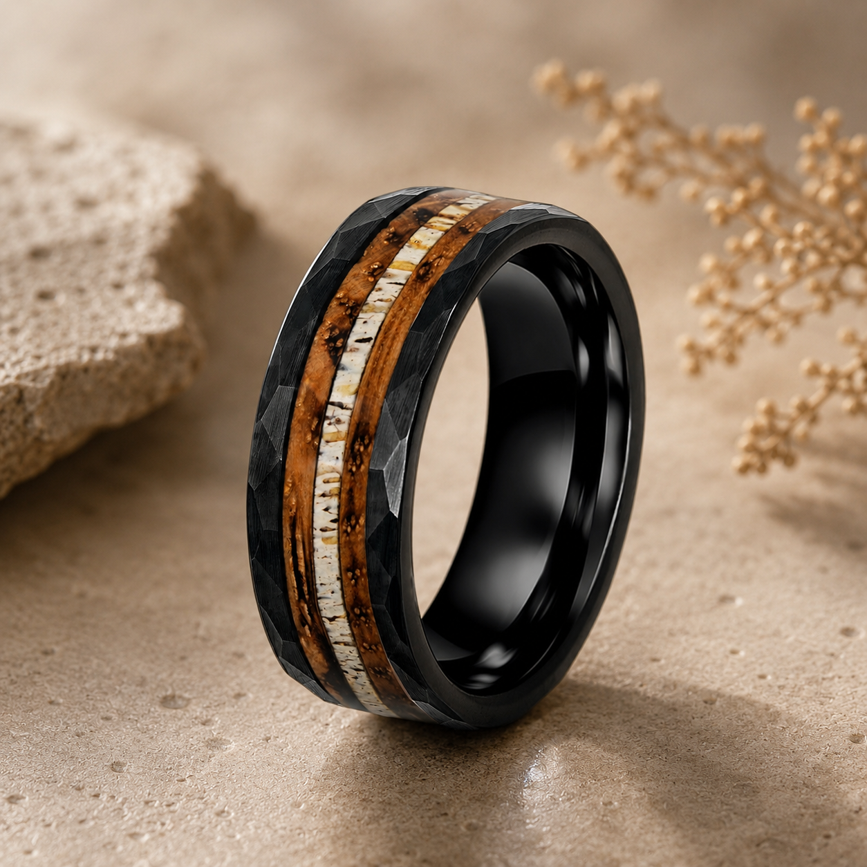 Hammered Tungsten Antler Wedding Ring