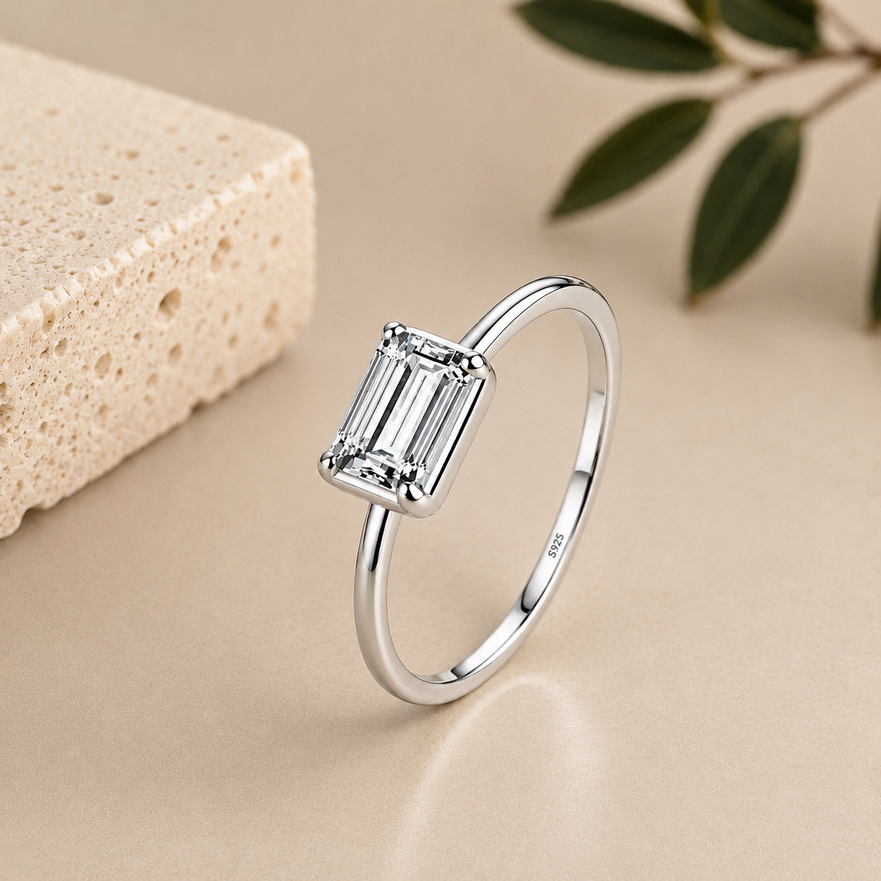 Rectangular Emerald Cut Solitaire Moissanite Ring