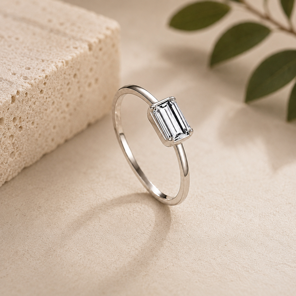 Rectangular Emerald Cut Solitaire Moissanite Ring