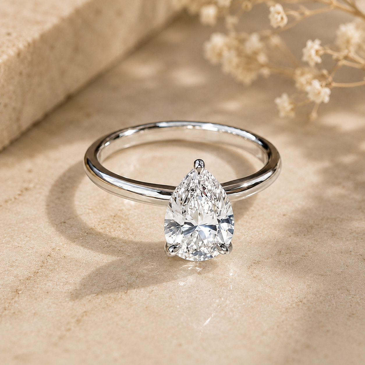 Classic Pear Cut Solitaire Moissanite Ring