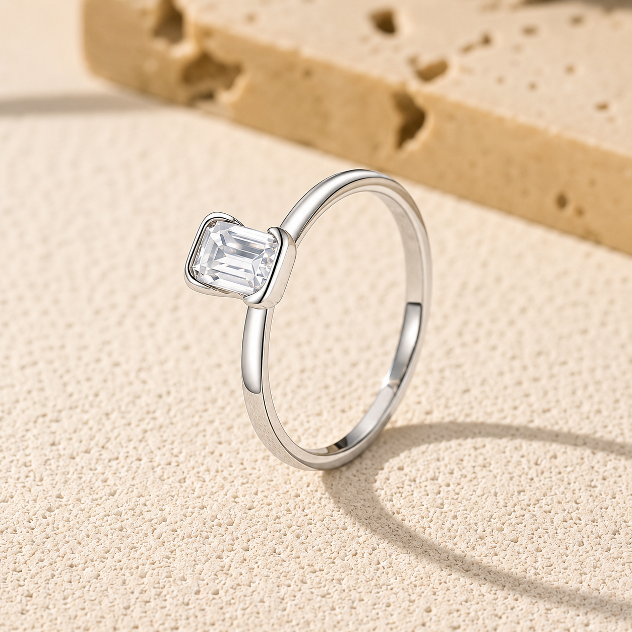 Petite Emerald Cut Solitaire Moissanite Ring