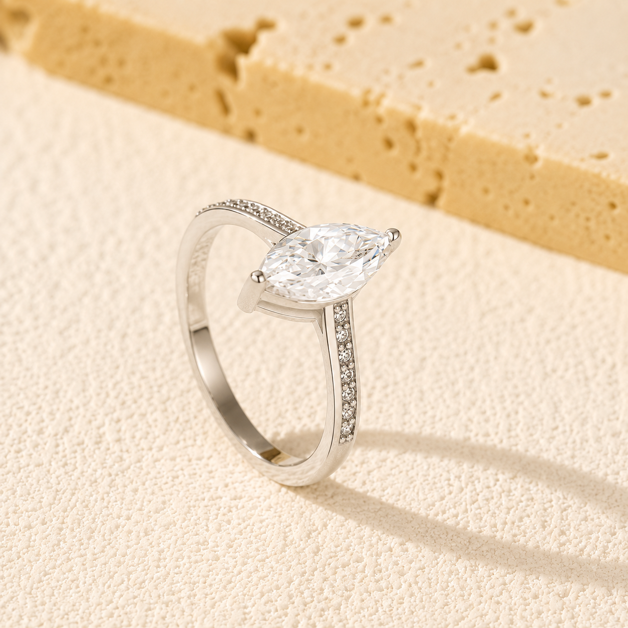 1 Carat Marquise Cut Moissanite Ring With Pavé Band
