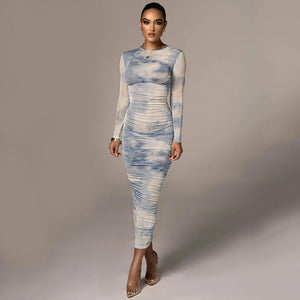 Long Sleeve Tie Dyed Bodycon Maxi Dress