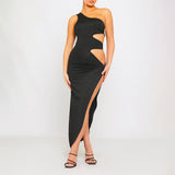 One Shoulder Cut Out Buckle Detail Maxi Dress Black