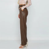 Faux Leather Straight Wide Leg Pants Brown